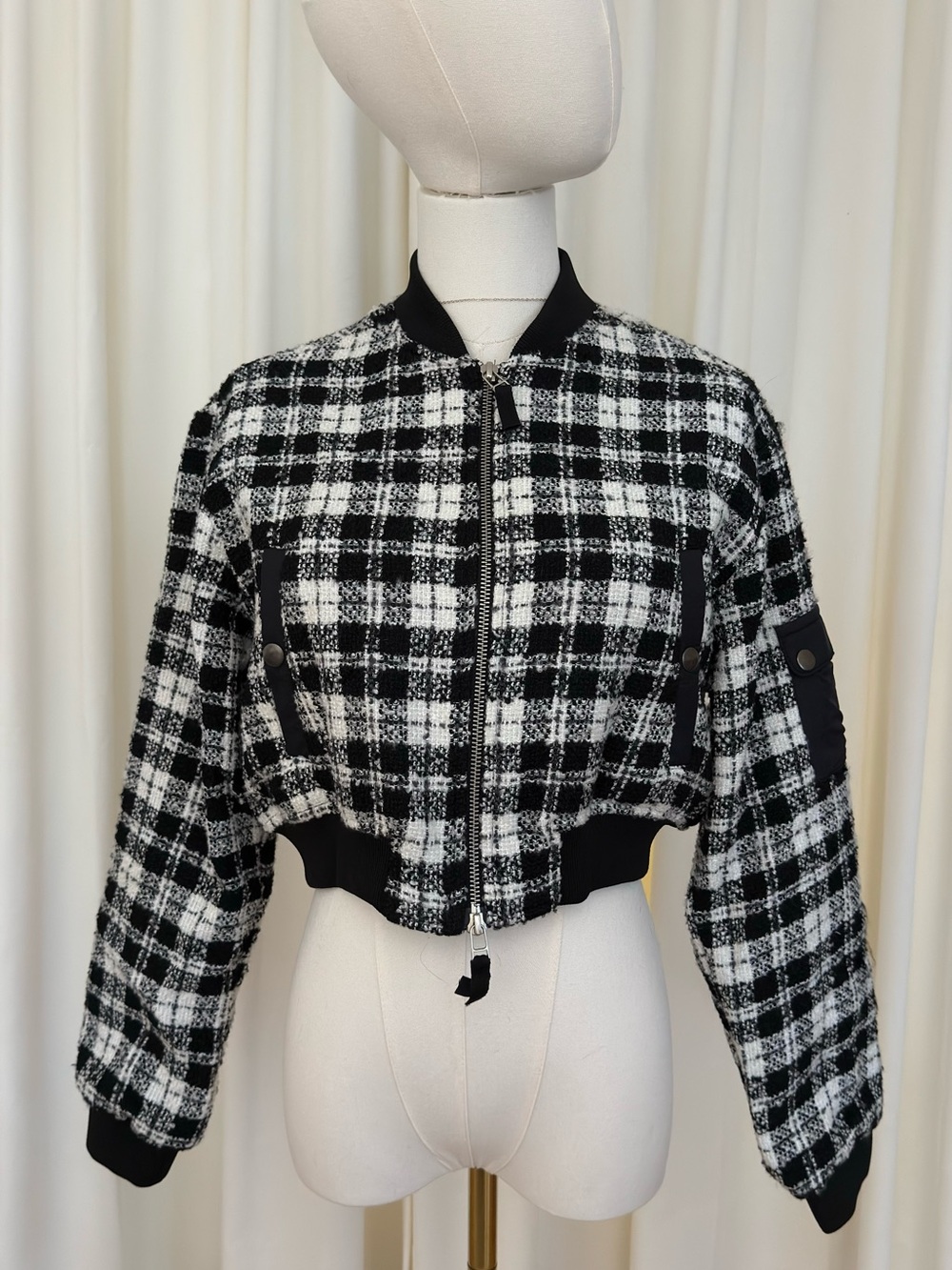 Maeve: Anthropologie Black & White Plaid Cropped Bomber